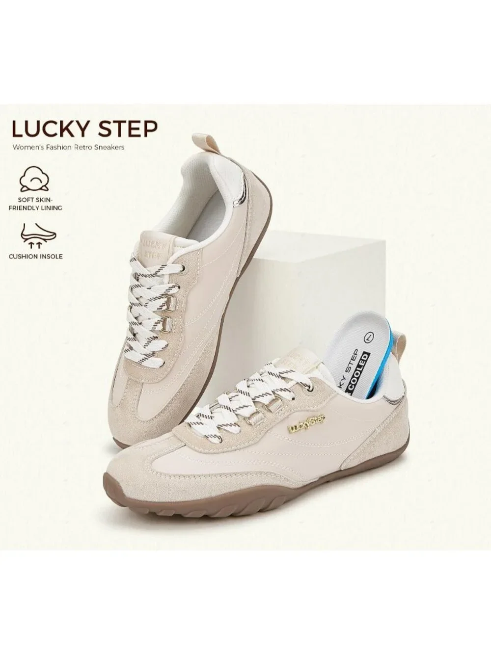 Women's Beige Faux Leather Retro Fashion Comfortable Lace Up Skate Sneakers